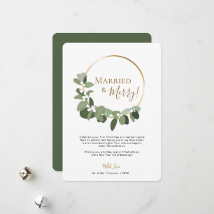 Elegant Script Non photo Wreath Married and Merry  Holiday Card