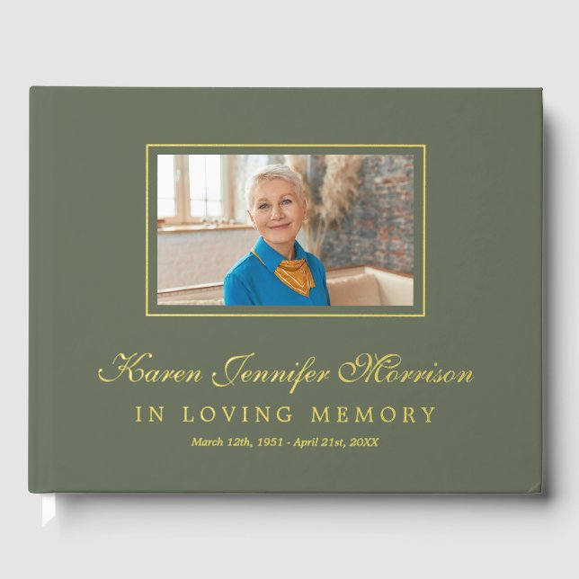 Elegant Script Olive Green Photo In Loving Memory Guest Book (Front)