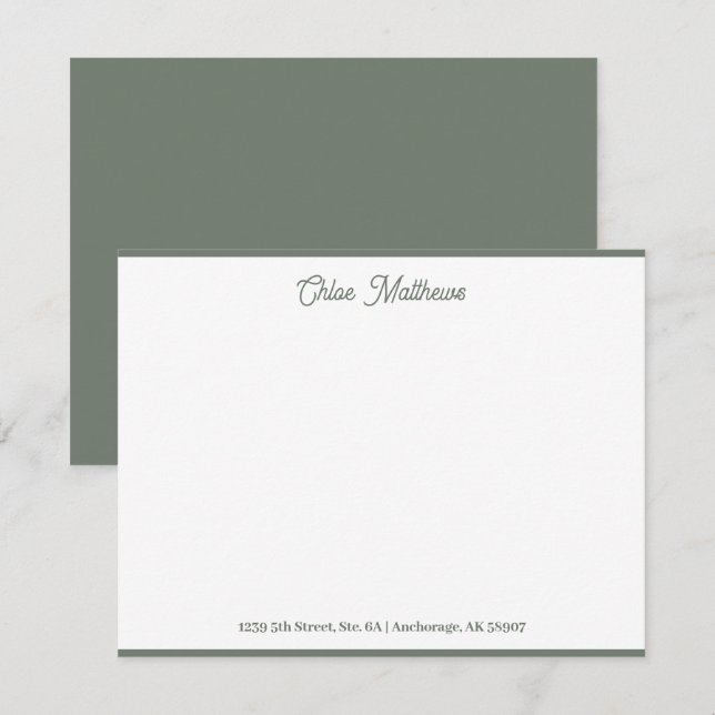 Elegant Script Olive Green Stationery Border Card (Front/Back)