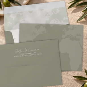 Elegant Script Olive Sage World Map Wedding Return Envelope