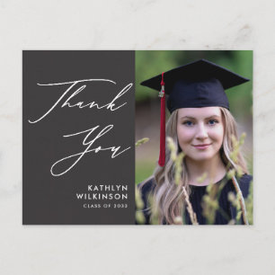 Elegant Script on Grey Simple Graduation Thank You Postcard