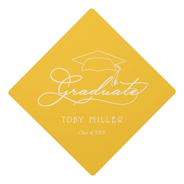 Elegant Script on Yellow Gold Graduation Cap Topper (Front)