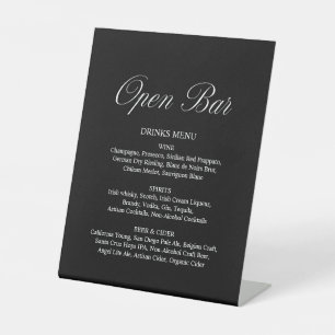 Elegant Script Open Bar Formal Black Wedding Pedestal Sign