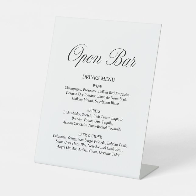 Elegant Script Open Bar Formal White Wedding Pedestal Sign (Front)