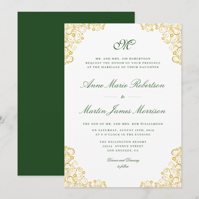 Élégant script or faire-part de mariage floral (Devant / Derrière)