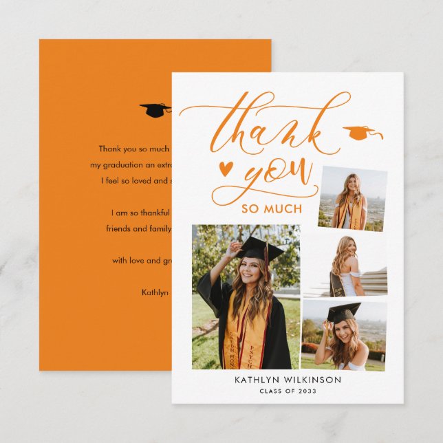 Elegant Script Orange 4 Photo Collage Graduation Thank You Card (Front/Back)