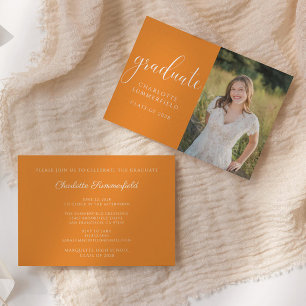 Élégant Script Orange Graduation Photo Invitation