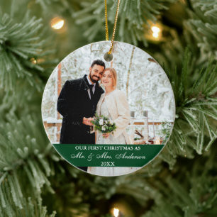 Elegant Script Our First Christmas Green Ceramic Ornament