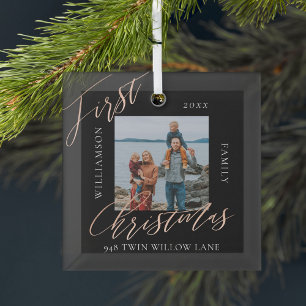 Elegant Script Our First Christmas New Home Photo Glass Ornament