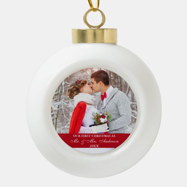 Elegant Script Our First Christmas Red Ceramic Ball Christmas Ornament (Front)