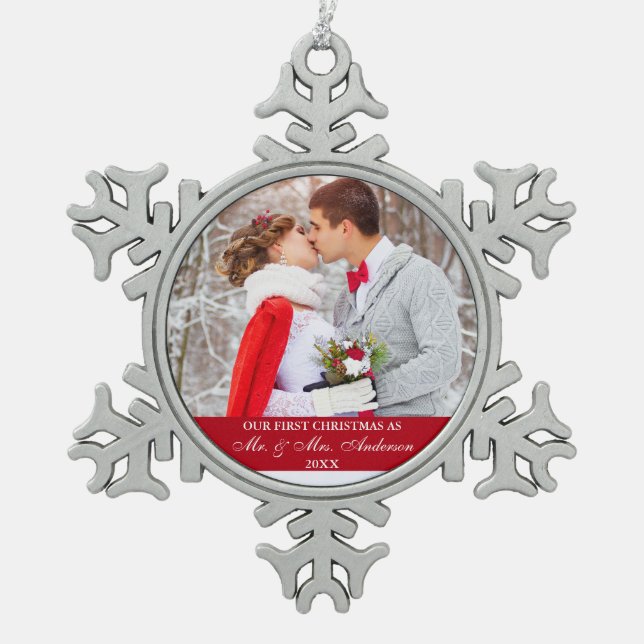 Elegant Script Our First Christmas Red Snowflake Pewter Christmas Ornament (Front)