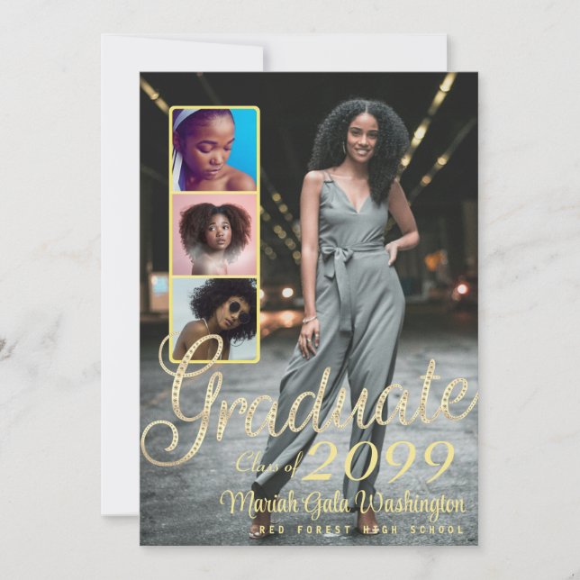 Elegant Script Overlay 4 Photo Collage Graduation Announcement (Front)