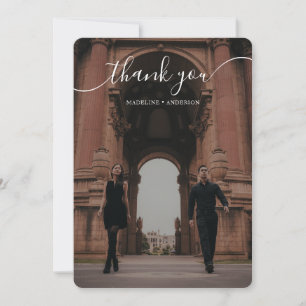 Elegant Script Overlay Classic Two Photo Wedding Thank You Card