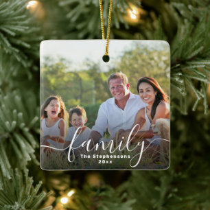 Elegant Script Overlay Double Sided Family Photo Ceramic Ornament