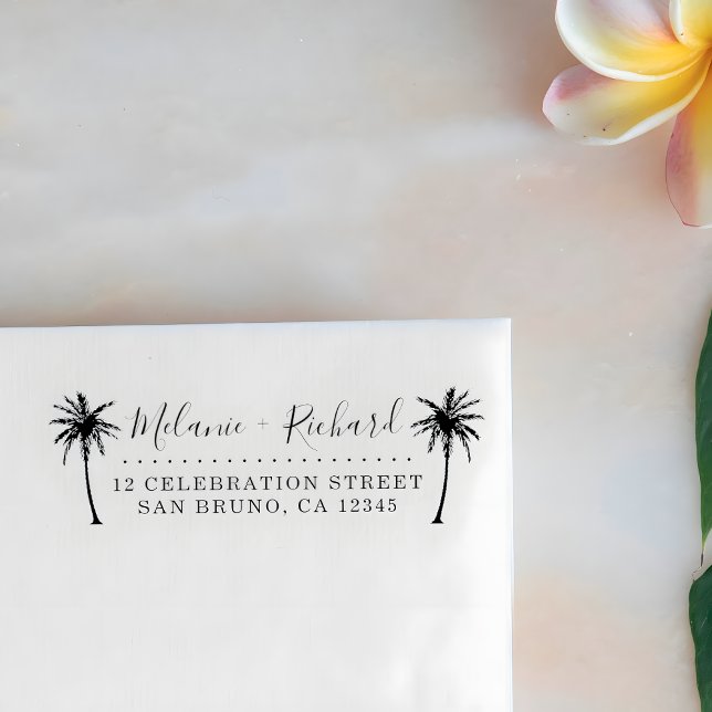 Elegant Script & Palm Trees Wedding Return Address Rubber Stamp (Creator Uploaded)