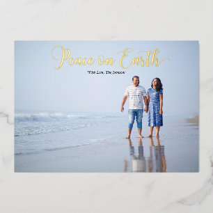 Elegant Script Peace on Earth Personalized Foil Holiday Card