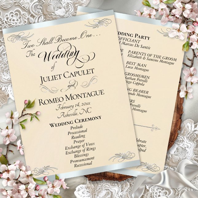 Elegant Script - Peach Pearl/Silver Wedding Program (Creator Uploaded)