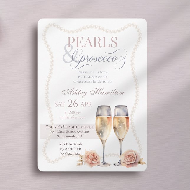 Elegant script Pearls & prosecco Bridal shower  Invitation (Creator Uploaded)