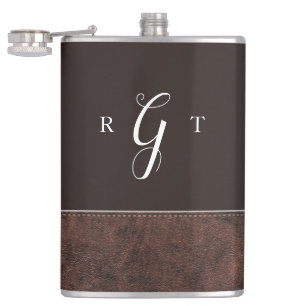 Elegant Script Personalized Monogram Brown Leather Hip Flask