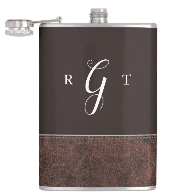 Elegant Script Personalized Monogram Brown Leather Hip Flask (Opened)