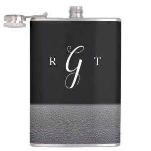 Elegant Script Personalized Monogram Grey Leather Hip Flask