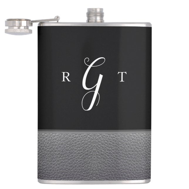 Elegant Script Personalized Monogram Grey Leather Hip Flask (Opened)