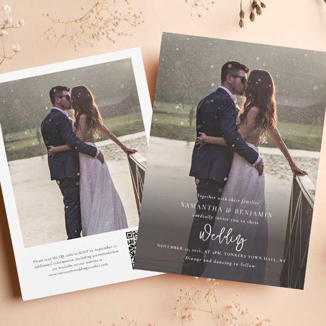 Elegant Script Photo All in One Wedding Invitation (Modern Photo Script Wedding Invitation with RSVP QR Code)