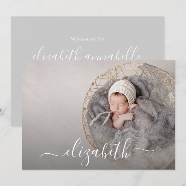 Elegant Script Photo Baby Birth Announcements (Front/Back)