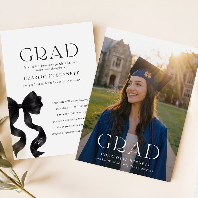 Elegant Script Photo Black Bow Graduation Announcement (Creator Uploaded)