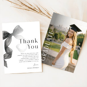 Elegant Script Photo Black Bow Graduation Thank You Card