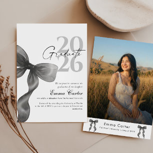 Elegant Script Photo Black Bow Graduation Thank You Card