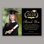 Elegant Script Photo Black Gold Graduation Thank You Card<br><div class="desc">Modern black graduation thank you card featuring "Class of" in a light gold illustration of laurel wreath with a grad cap and diploma,  a photo of the graduate,  "Thank You" in an elegant gold script,  and a customized thank you message and the grad's name in gold typography.</div>