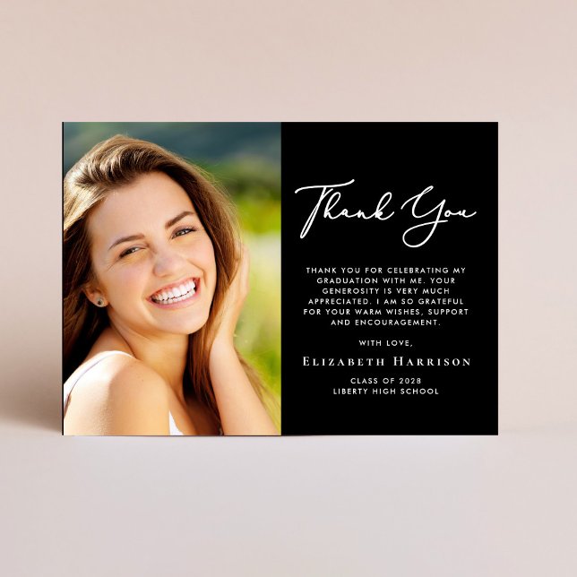 Elegant Script Photo Black Graduation Thank You Card (Creator Uploaded)