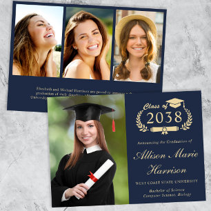 Elegant Script Photo Blue Gold College Graduation Announcement