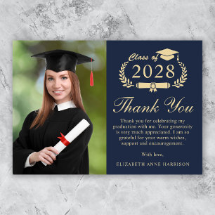 Elegant Script Photo Blue Gold Graduation Thank You Card