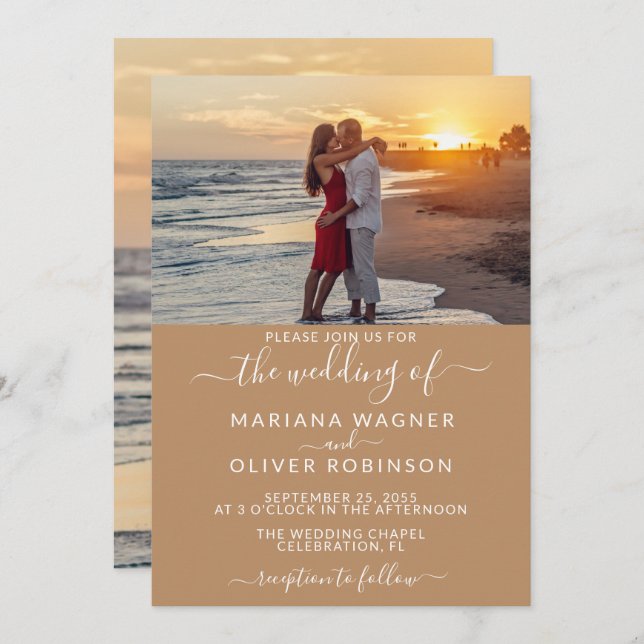 Elegant Script Photo Boho Tan Beige Wedding Invitation (Front/Back)