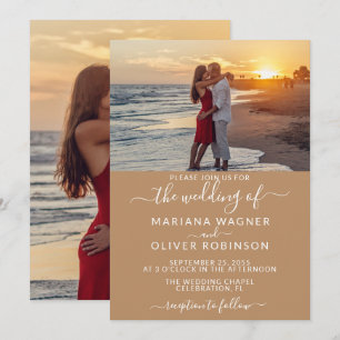 Elegant Script Photo Boho Tan Beige Wedding Invitation
