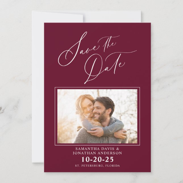 Elegant Script Photo Burgund Wedding Save The Date (Front)