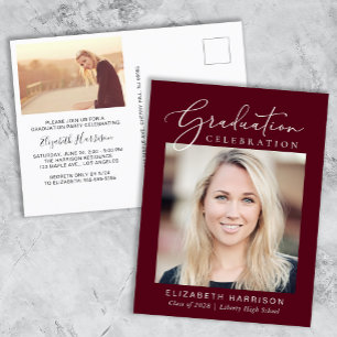 Elegant Script Photo Burgundy Graduation Party Invitation Postcard