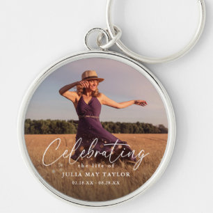 Elegant Script Photo Celebrating the Life of  Keychain