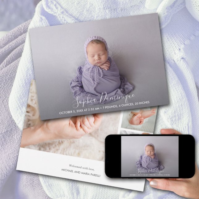 Elegant Script Photo Collage Birth Announcement (Creator Uploaded)