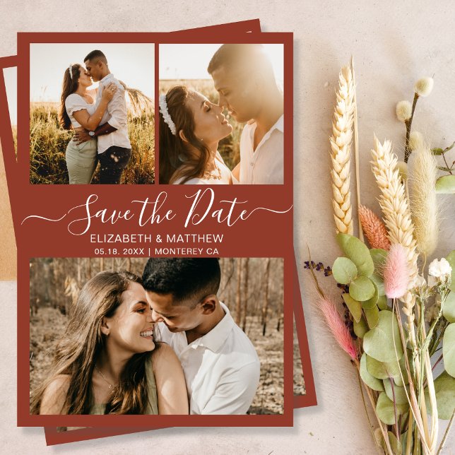 Elegant Script Photo Collage Terracotta Wedding Save The Date (Creator Uploaded)