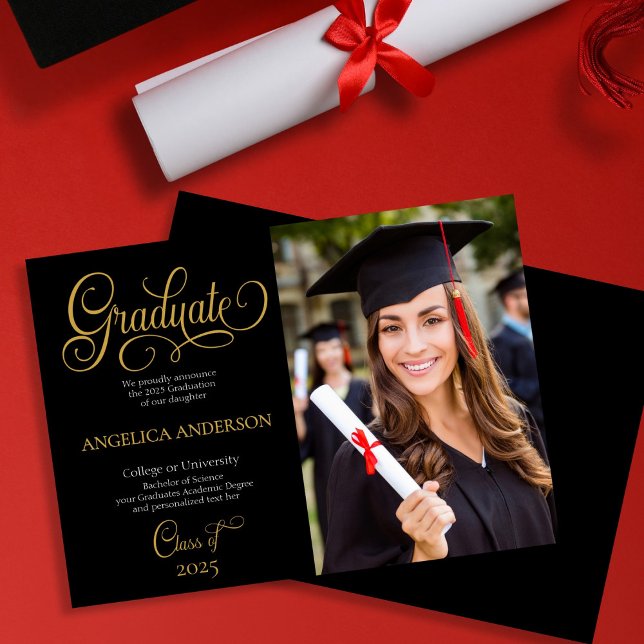 Elegant Script Photo College University Graduation Announcement (Elegant Script Photo College University Graduation Announcement - black background)