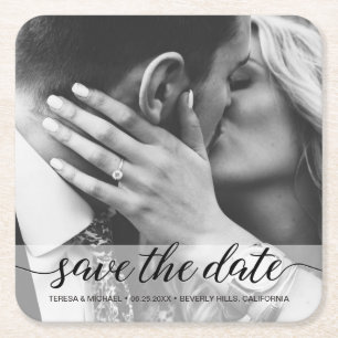 Elegant script Photo Engagement Save The Date Post Square Paper Coaster