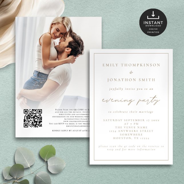  Elegant Script Photo Evening Wedding Invitation (Front and back views)