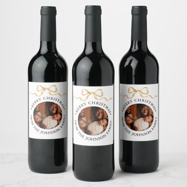 Elegant Script & Photo Family Chritsmas Gift Wine Label (Bottles)