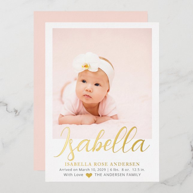 Elegant Script Photo Girl Baby Birth Announcement (Front/Back)