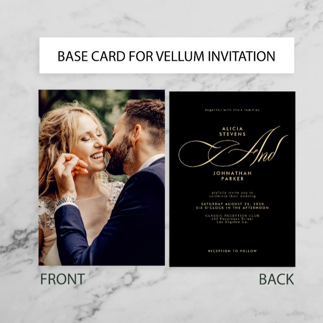Elegant script photo gold black wedding base card (Creator Uploaded)