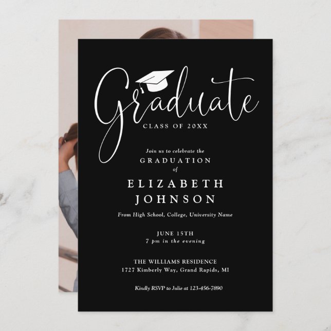 Elegant Script Photo Graduation Party Invitation (Front/Back)