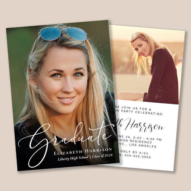 Élégant Script Photo Graduation Party Invitation (An elegant photo graduation party invitation to celebrate the graduate's achievements)